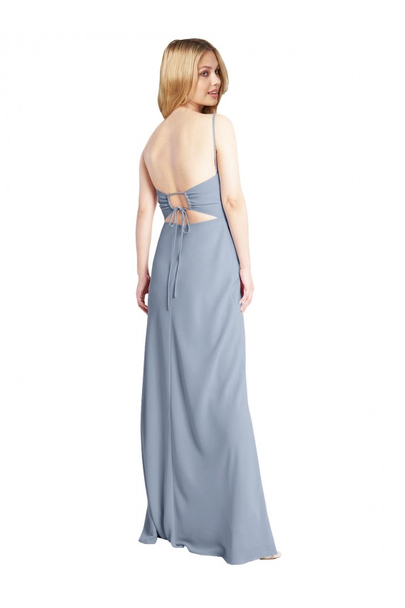 Square Neck Long Stretch Crepe Smoke Blue Sleeveless Prom Dress / Bridesmaid Dress Darwin