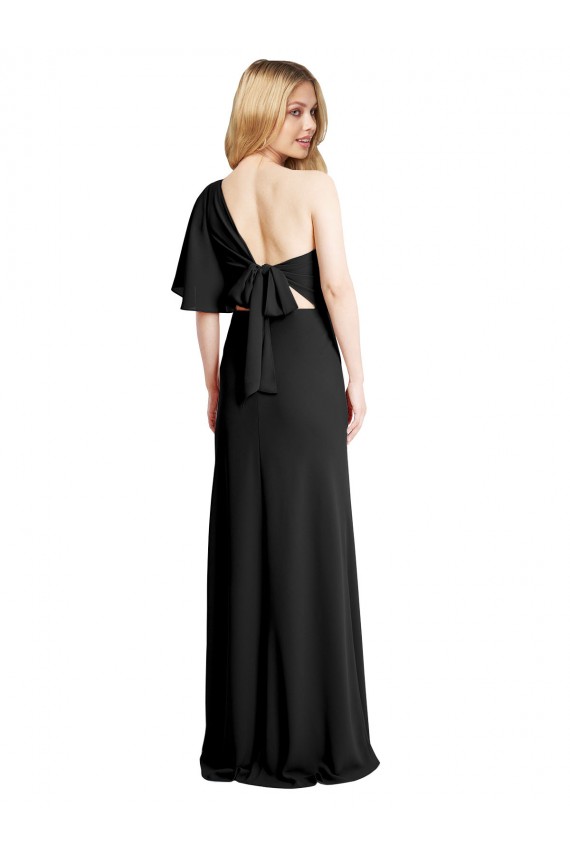One Shoulder Long Stretch Crepe Black Flutter Sleeves Formal Evening Gown / Prom Dress / Bridesmaid Dress Darwin