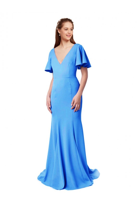 V-Neck Sweep Train Stretch Crepe Peacock Blue Short Sleeves Prom Dress / Bridesmaid Dress Darwin