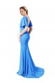 V-Neck Sweep Train Stretch Crepe Peacock Blue Short Sleeves Prom Dress / Bridesmaid Dress Darwin