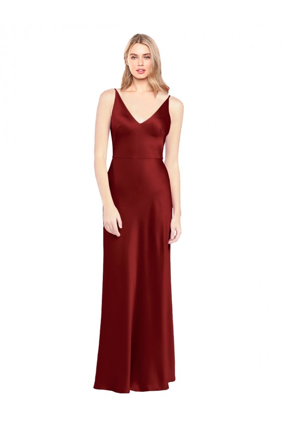 V-Neck Long Stretch Satin Burgundy Sleeveless Formal Evening Gown / Prom Dress / Bridesmaid Dress Darwin