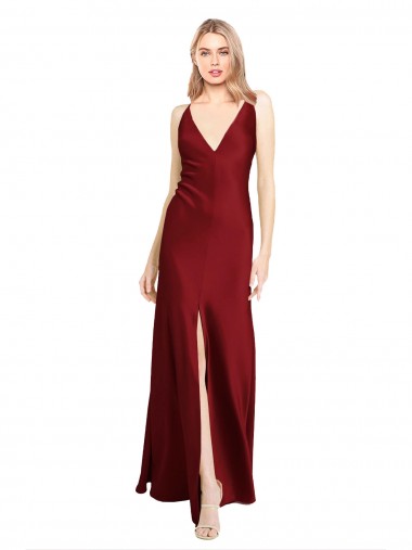 V-Neck Long Stretch Satin Burgundy Sleeveless Black Tie Evening Gown / Prom Dress / Bridesmaid Dress Darwin
