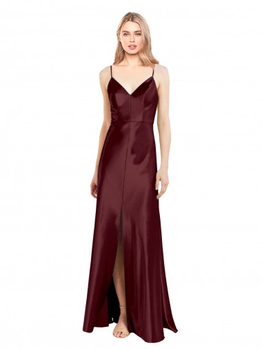 V-Neck Long Stretch Satin Burgundy Gold Sleeveless Bridesmaid Dress / Evening Dress Darwin