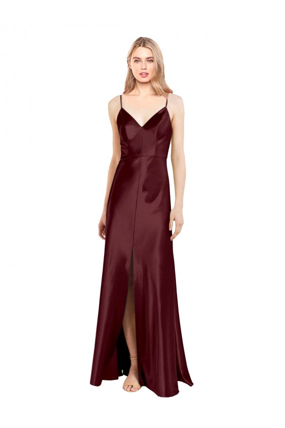 V-Neck Long Stretch Satin Burgundy Gold Sleeveless Bridesmaid Dress / Evening Dress Darwin