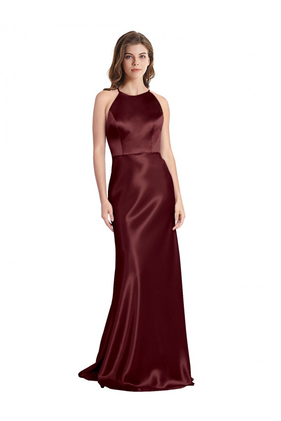 V-Neck Long Stretch Satin Burgundy Gold Sleeveless Formal Evening Gown / Prom Dress / Bridesmaid Dress Darwin