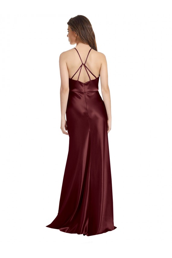 V-Neck Long Stretch Satin Burgundy Gold Sleeveless Formal Evening Gown / Prom Dress / Bridesmaid Dress Darwin