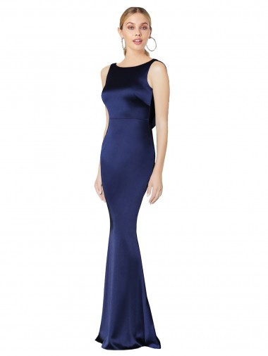 High Neck Long Stretch Satin Dark Navy Sleeveless Formal Evening Gown / Prom Dress / Bridesmaid Dress Darwin