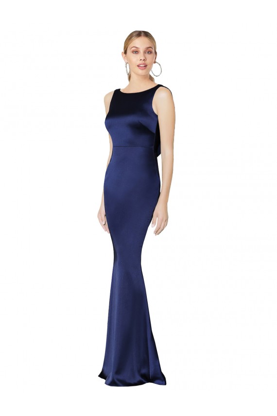 High Neck Long Stretch Satin Dark Navy Sleeveless Formal Evening Gown / Prom Dress / Bridesmaid Dress Darwin