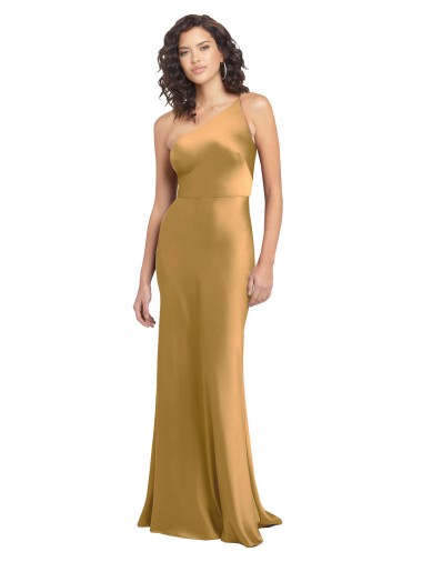 One Shoulder Long Stretch Satin Gold Sleeveless Formal Evening Gown / Prom Dress / Bridesmaid Dress Darwin
