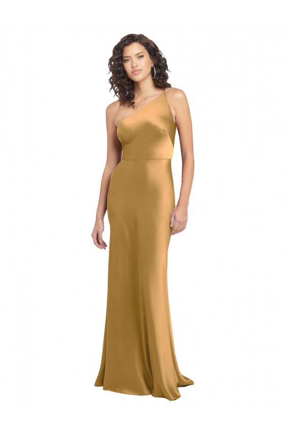 One Shoulder Long Stretch Satin Gold Sleeveless Formal Evening Gown / Prom Dress / Bridesmaid Dress Darwin