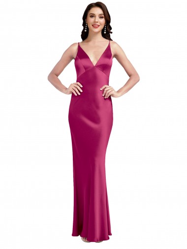 V-Neck Long Stretch Satin Fuchsia Sleeveless Formal Evening Dress / Bridesmaid Dress Darwin
