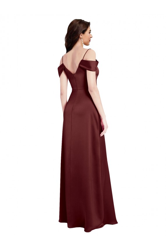 V-Neck Long Stretch Satin Burgundy Gold Sleeveless Formal Dress / Bridesmaid Dress Darwin