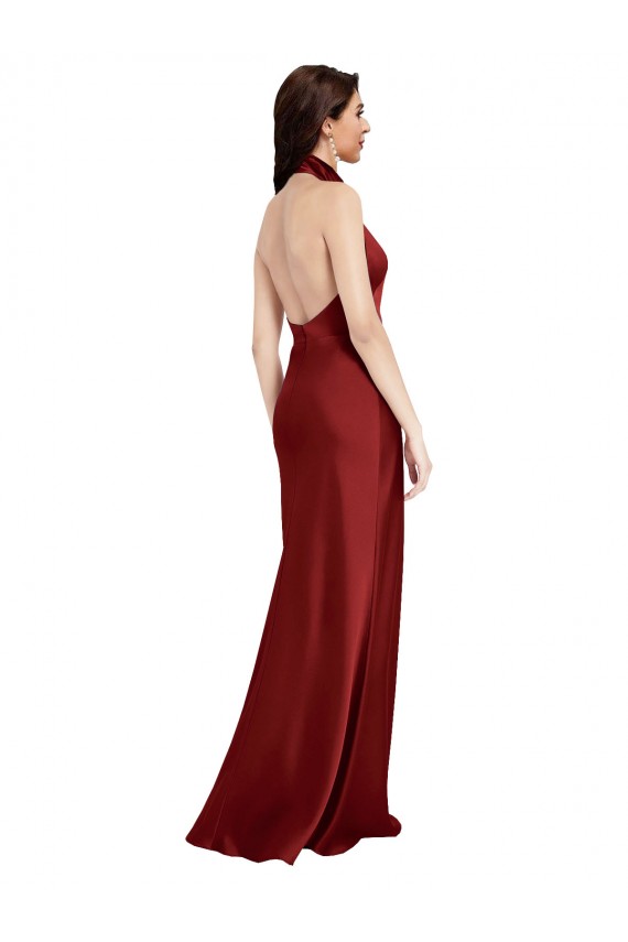 Halter Neck Long Stretch Satin Burgundy Sleeveless Black Tie Evening Gown / Prom Dress / Bridesmaid Dress Darwin