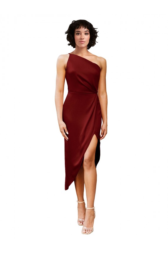 One Shoulder Midi Length Stretch Satin Burgundy Sleeveless Black Tie Evening Gown / Prom Dress / Bridesmaid Dress Darwin