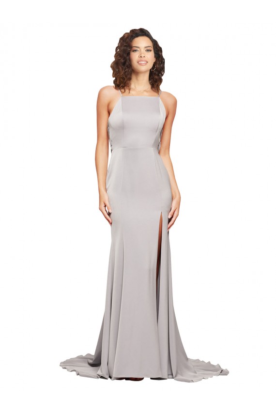 High Neck Sweep Train Stretch Satin Sleeveless Formal Evening Gown / Prom Dress / Bridesmaid Dress Darwin