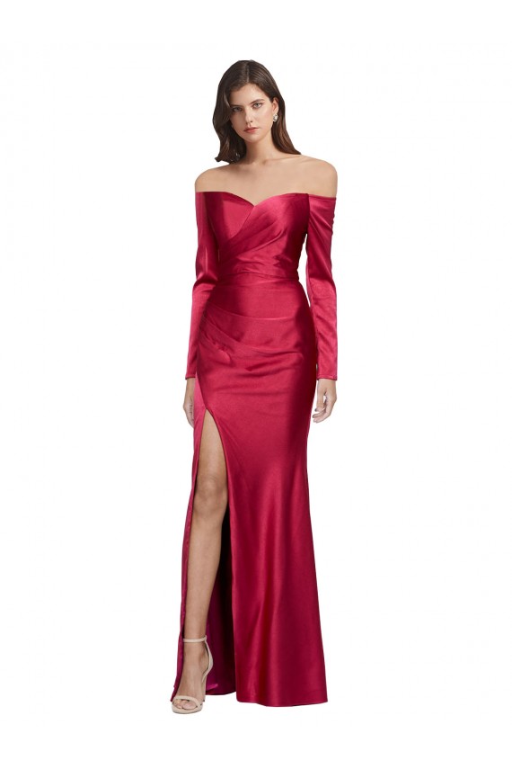 Sweetheart Long Stretch Satin Dark Red Long Sleeves Formal Evening Gown / Prom Dress / Bridesmaid Dress Darwin