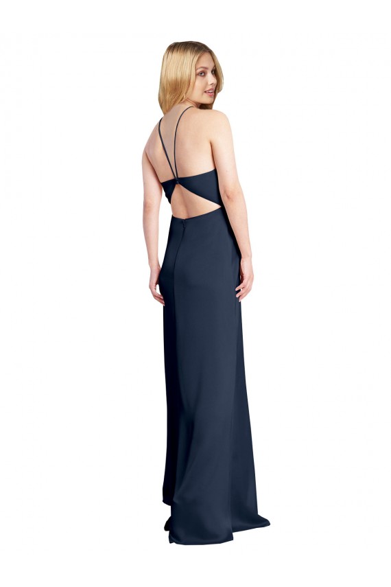 Halter Neck Long Stretch Satin Dark Navy Sleeveless Formal Evening Gown / Prom Dress / Bridesmaid Dress Darwin