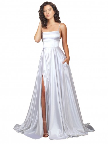Spaghetti Straps Long Stretch Satin White Sleeveless Beach Wedding Dress Darwin