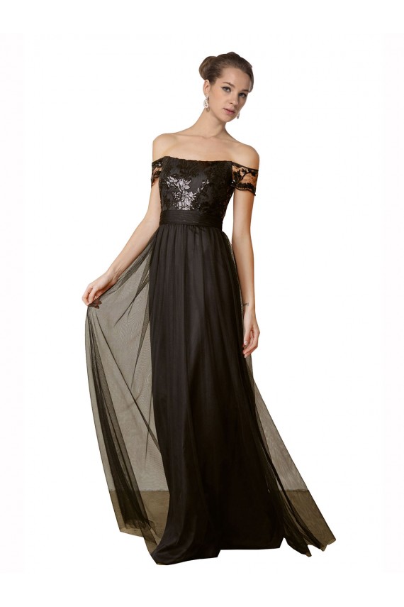 Off the Shoulder Long Tulle & Sequin Black Sleeveless Bridesmaid Dress Darwin