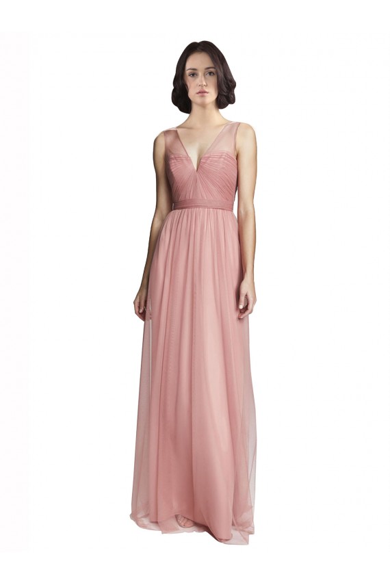 V-Neck Long Tulle Rose Pink Sleeveless Bridesmaid Dress Darwin