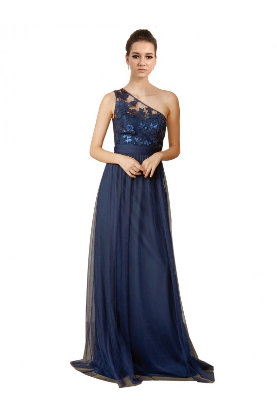One Shoulder Sweep Train Tulle Dark Navy Sleeveless Bridesmaid Dress Darwin