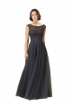 Bateau Neck Long Tulle & Lace Slate Grey Cap Sleeves Bridesmaid Dress Darwin