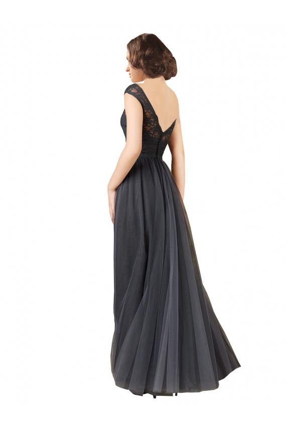 Bateau Neck Long Tulle & Lace Slate Grey Cap Sleeves Bridesmaid Dress Darwin
