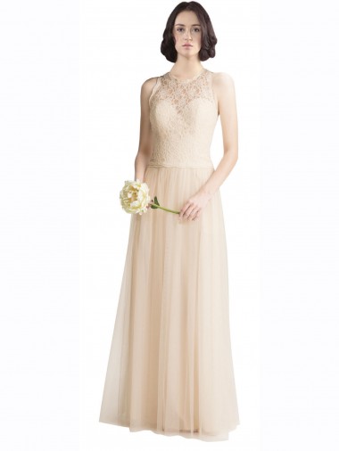 Illusion Neck Long Tulle & Lace Ivory Sleeveless Bridesmaid Dress Darwin