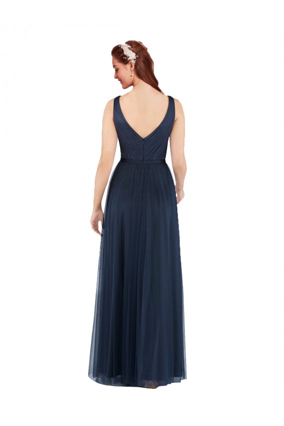 V-Neck Long Tulle Dark Navy Sleeveless Bridesmaid Dress Darwin