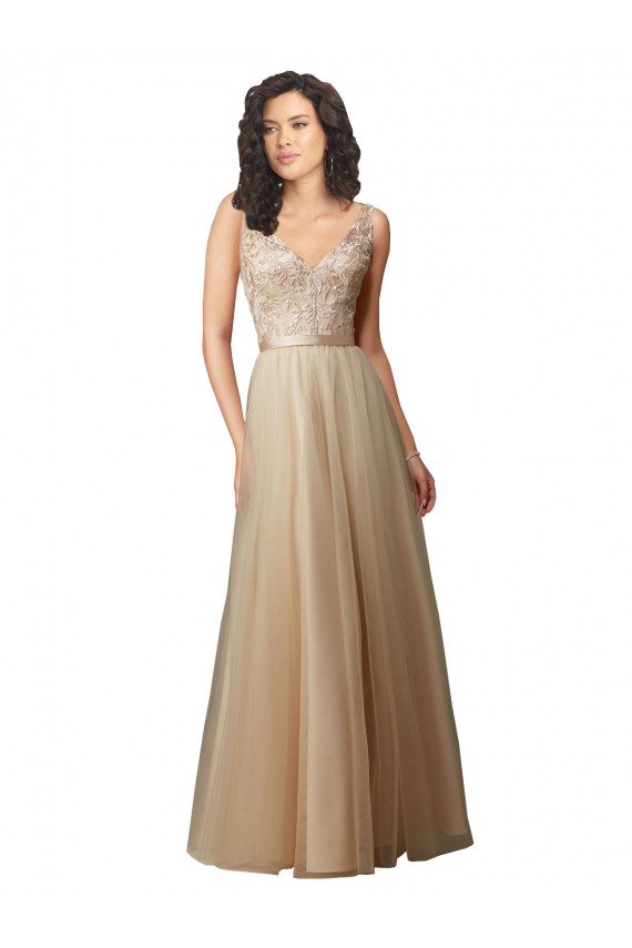 V-Neck Long Tulle & Lace Champagne Sleeveless Bridesmaid Dress Darwin