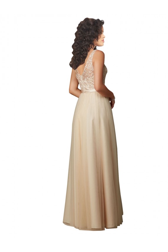 V-Neck Long Tulle & Lace Champagne Sleeveless Bridesmaid Dress Darwin