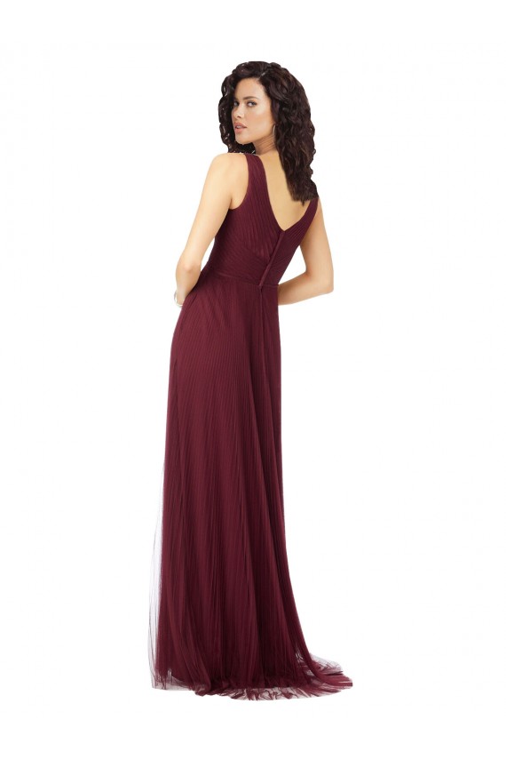 V-Neck Long Tulle Burgundy Gold Sleeveless Bridesmaid Dress Darwin