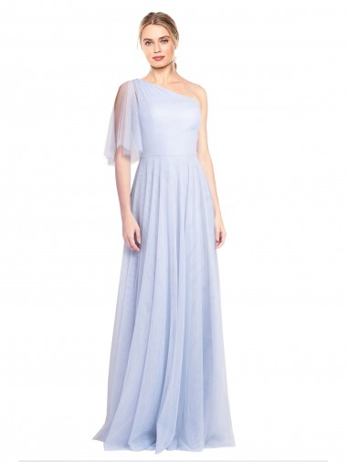 One Shoulder Long Tulle Light Sky Blue Flutter Sleeves Bridesmaid Dress Darwin