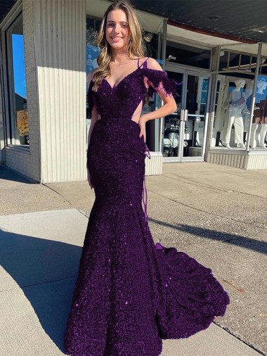 V-Neck Court Train Velvet Sequin Plum Purple Sleeveless Prom Dress / Evening Dress Darwin