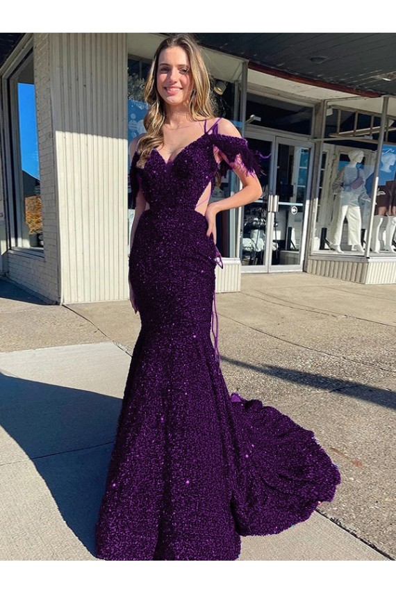 V-Neck Court Train Velvet Sequin Plum Purple Sleeveless Prom Dress / Evening Dress Darwin