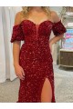 Off the Shoulder Court Train Velvet Sequin Red Short Sleeves Prom Dress / Evening Dress Darwin