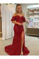 Off the Shoulder Court Train Velvet Sequin Red Short Sleeves Prom Dress / Evening Dress Darwin
