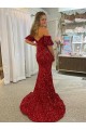 Off the Shoulder Court Train Velvet Sequin Red Short Sleeves Prom Dress / Evening Dress Darwin