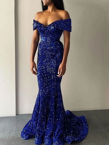 Off the Shoulder Sweep Train Velvet Sequin Royal Blue Sleeveless Prom Dresses Darwin