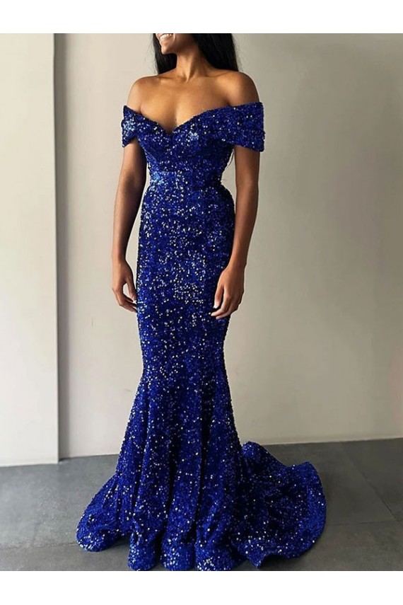 Off the Shoulder Sweep Train Velvet Sequin Royal Blue Sleeveless Prom Dresses Darwin
