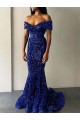 Off the Shoulder Sweep Train Velvet Sequin Royal Blue Sleeveless Prom Dresses Darwin