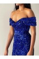 Off the Shoulder Sweep Train Velvet Sequin Royal Blue Sleeveless Prom Dresses Darwin