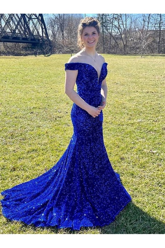 Off the Shoulder Sweep Train Velvet Sequin Royal Blue Sleeveless Prom Dress Darwin
