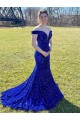 Off the Shoulder Sweep Train Velvet Sequin Royal Blue Sleeveless Prom Dress Darwin