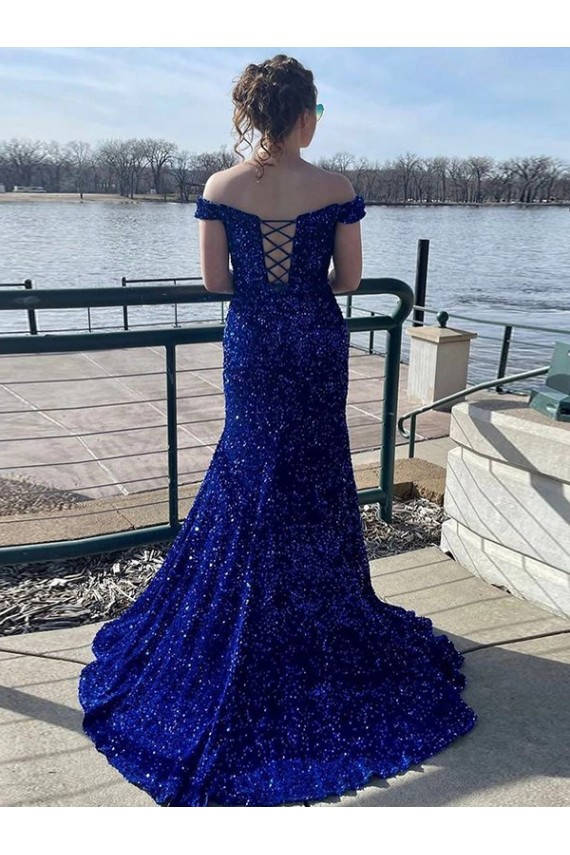 Off the Shoulder Sweep Train Velvet Sequin Royal Blue Sleeveless Prom Dress Darwin