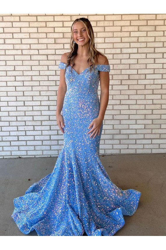 Off the Shoulder Long Velvet Sequin Periwinkle Sleeveless Prom Dress / Evening Dress Darwin