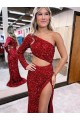 One Shoulder Sweep Train Velvet Sequin Burgundy Long Sleeves Evening Dress Darwin
