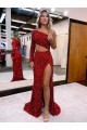 One Shoulder Sweep Train Velvet Sequin Burgundy Long Sleeves Evening Dress Darwin