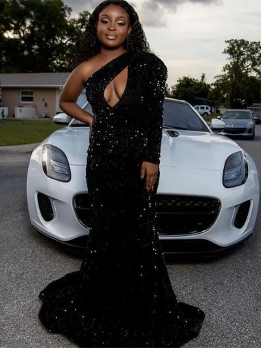 One Shoulder Sweep Train Velvet Sequin Black Long Sleeves Prom Dress Darwin