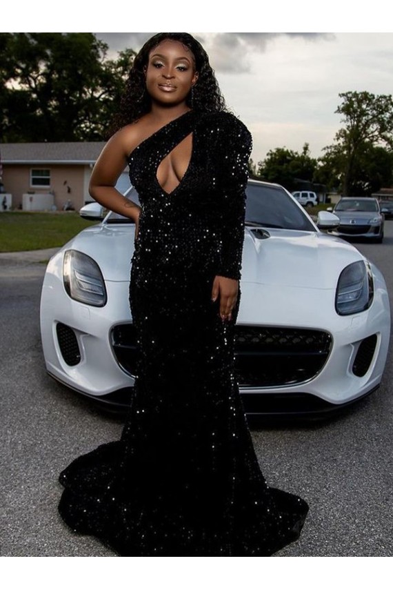 One Shoulder Sweep Train Velvet Sequin Black Long Sleeves Prom Dress Darwin